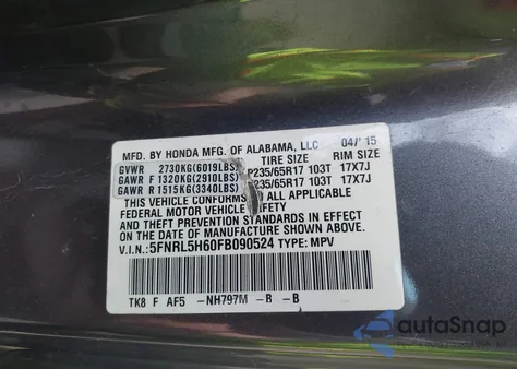 2015 Honda Odyssey Ex-L z USA, uszkodzony, nr VIN 5FNRL5H60FB090524